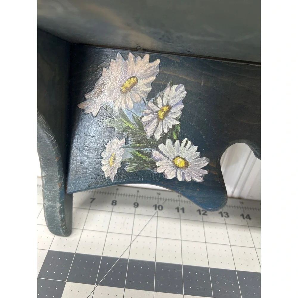 Wall Shelf Blue Hand Painted Daisy Heart Cutout Wood Rustic Decor Cottage Core